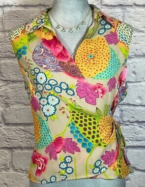 Vintage Y2K Caviar vibrant tropical wrap blouse
